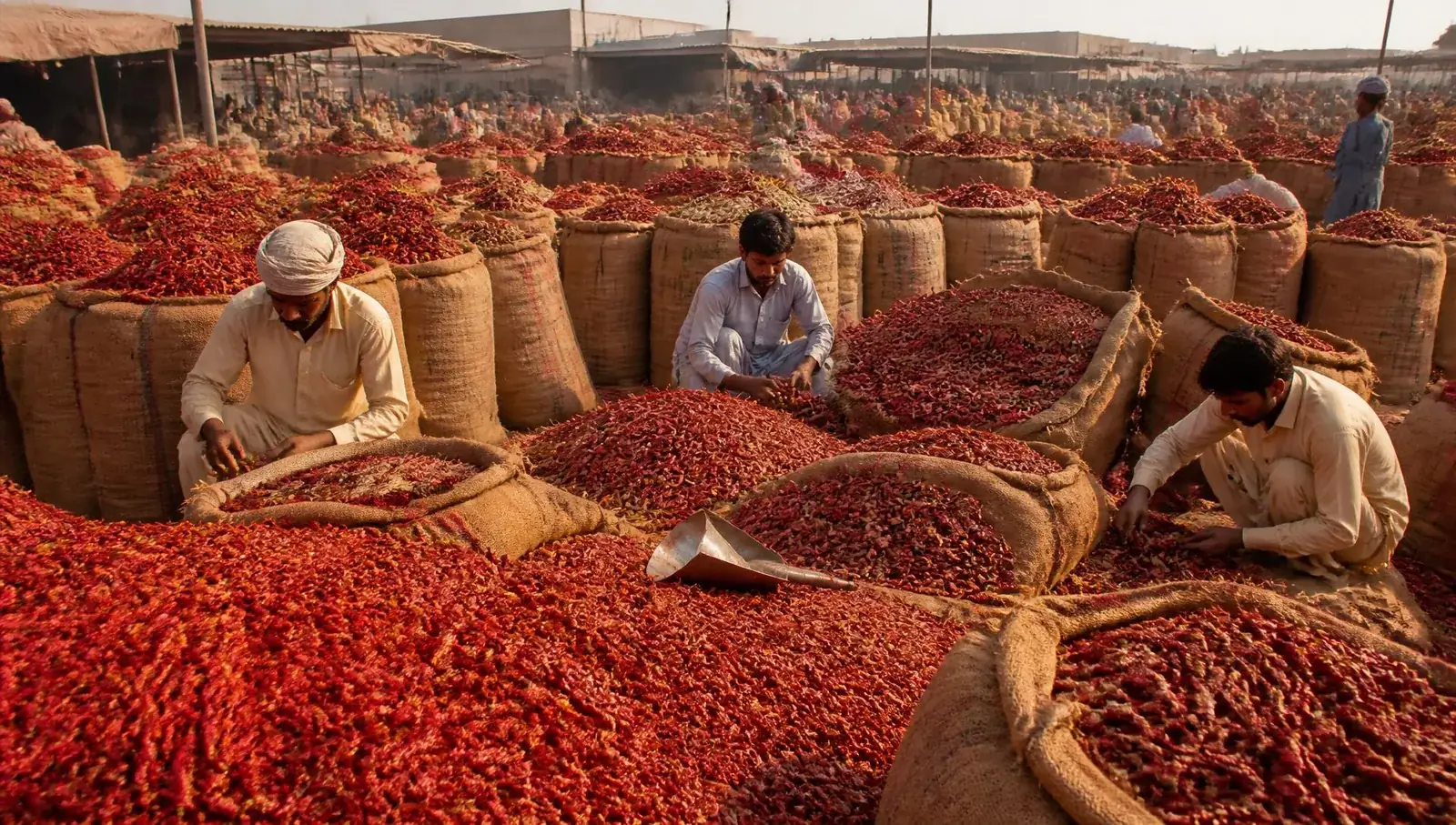 Panoramic trading floor, tractor arrivals and auction mounds at Mirch Mandi Kunri, Sindh